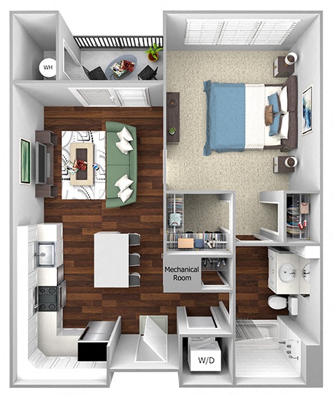 Floor plan for 1 bed, 1 bath, 733 sqft
